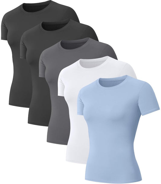 NebuKinex 5-Pack Women's Compression Shirts Short Sleeve Workout Tops Athletic Baselayer Quick Dry Gym Yoga Running T-Shirt Small