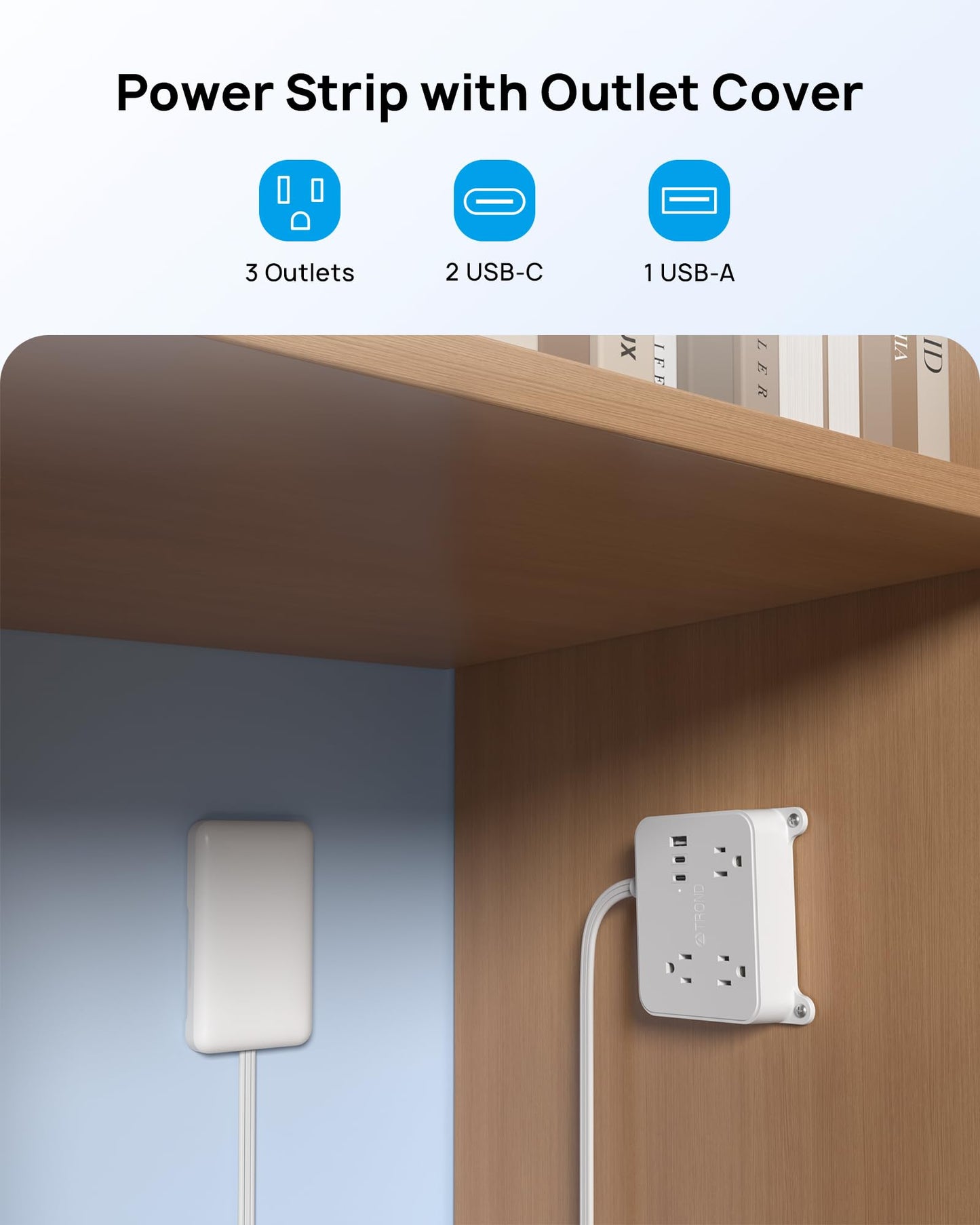 TROND Flat Power Strip with Outlet Cover, 3 AC Widely Spaced Wall USB Plug Extender, 5FT Extendable Outlet Extension Cord, Wall Mount Behind TV, Hidden Under in-Drawer Desk Cabinet Vanity Counter
