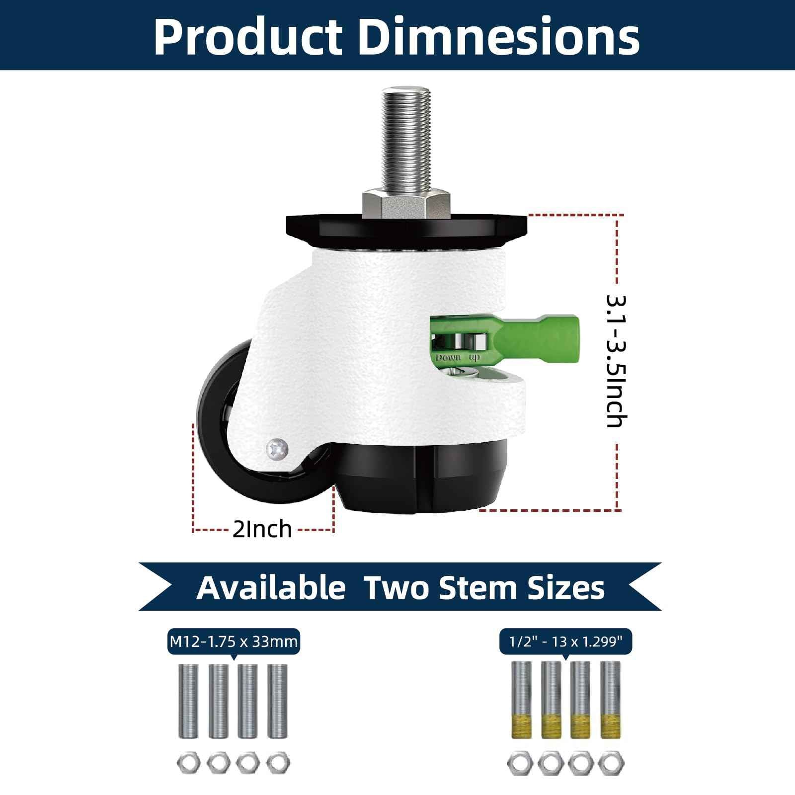 Heavy Duty Caster Wheels Set of 4, Leveling Stem Casters with Retractable Wheels 6600 Lbs Total Capacity, 1/2" & M12 Stem Sizes Adjustable with Ratchet Handle for Workbench, Machinery & Equipment