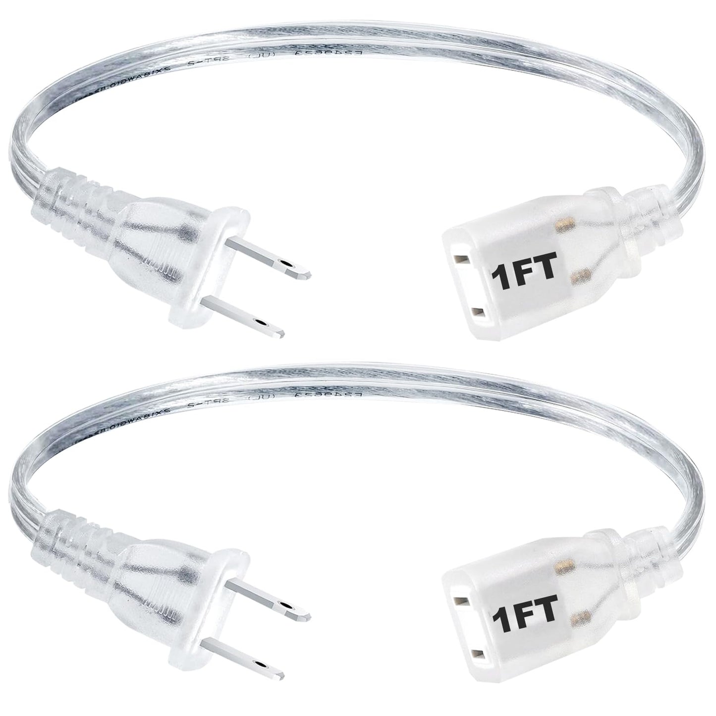 Rkoyes 2 Pack 1 Foot Short Clear Extension Cord Indoor Thin, Single Outlet Plug, Polarized Male-Female, Small Invisible Two Prong Extension Cord 1 FT with UL-Certified, 2 x 18AWG, 250V 7.5A