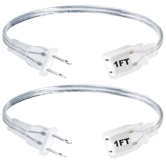 Rkoyes 2 Pack 1 Foot Short Clear Extension Cord Indoor Thin, Single Outlet Plug, Polarized Male-Female, Small Invisible Two Prong Extension Cord 1 FT with UL-Certified, 2 x 18AWG, 250V 7.5A