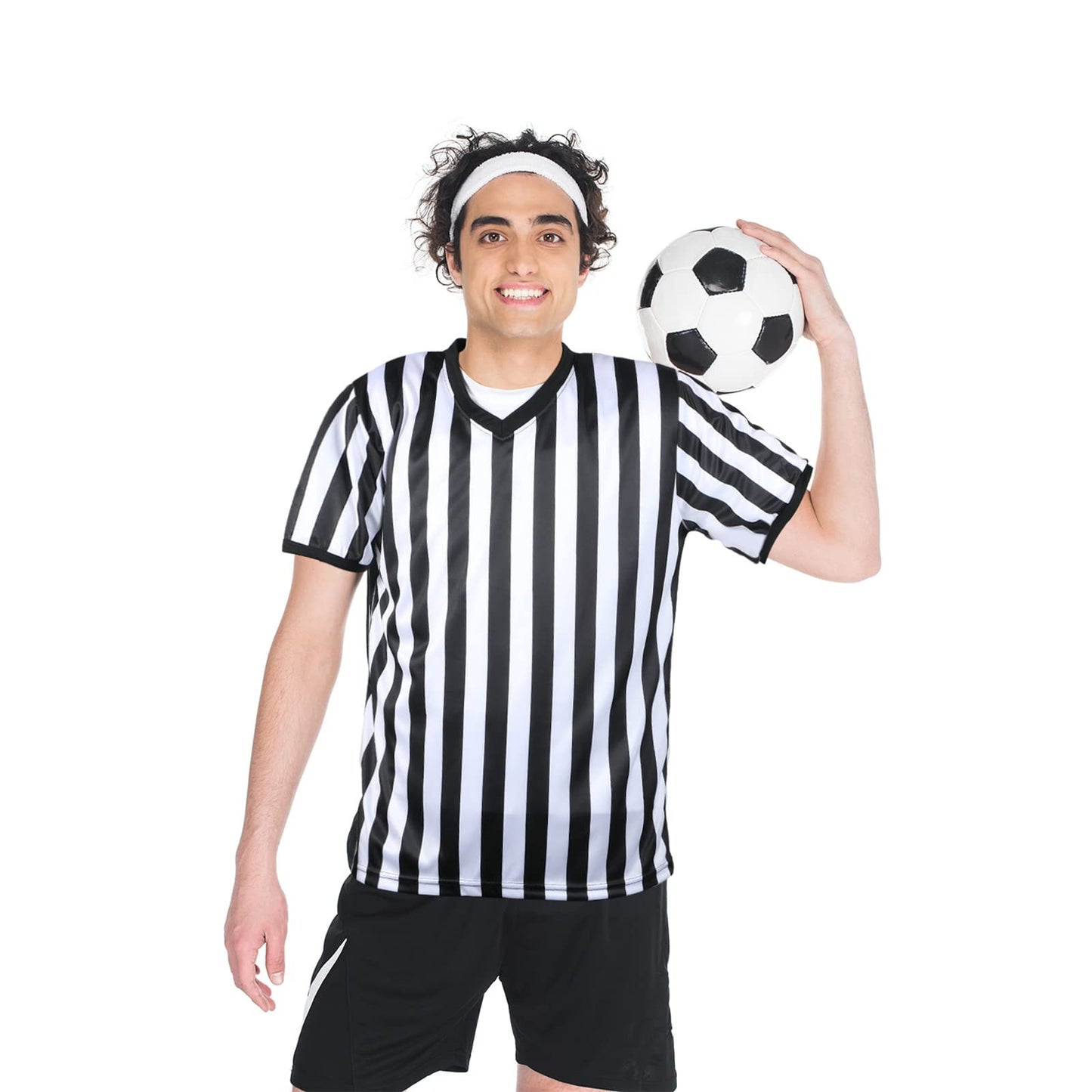 SATINIOR Referee Shirt Official Uniform Black and White Stripe V-Neck Soccer Jersey for Women Men Referee Shirt and Stainless Steel Whistle with Lanyard for Halloween Basketball Football Soccer(XXXL)