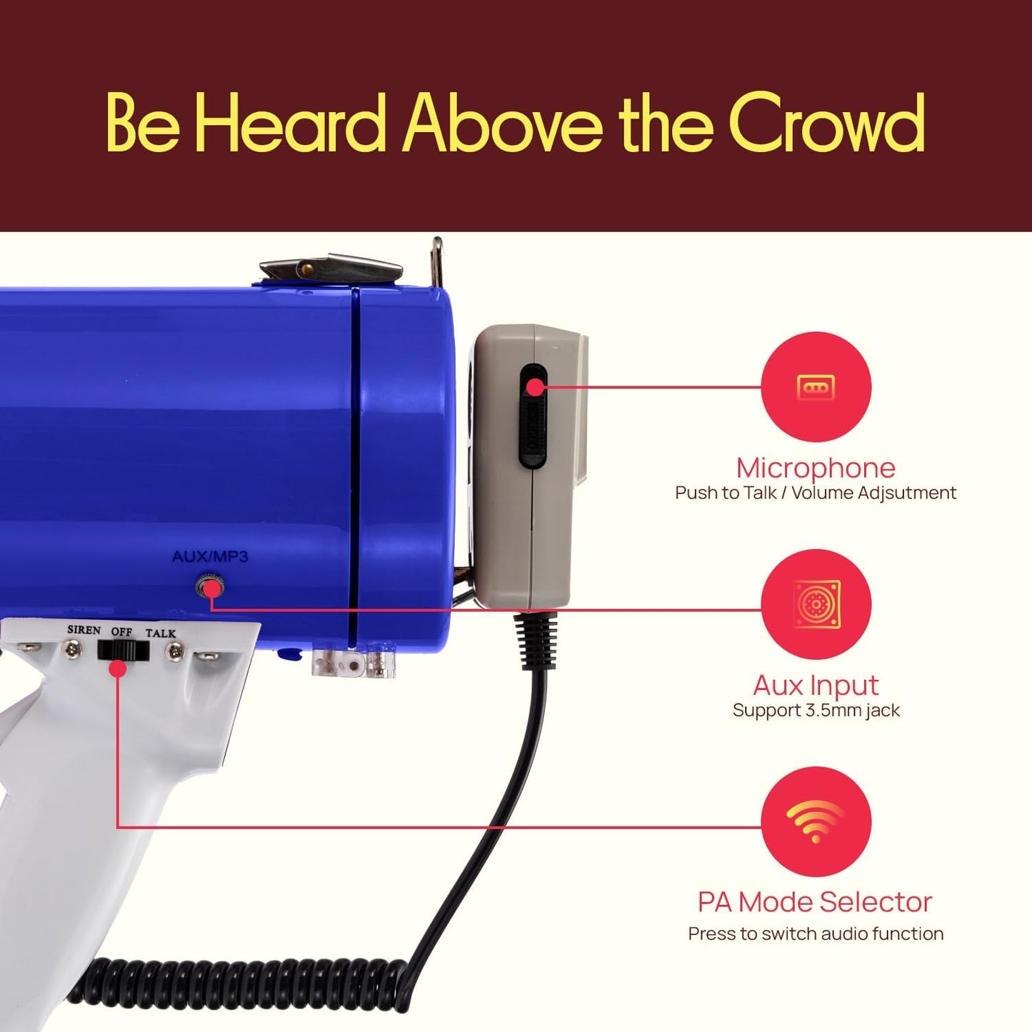Pyle 50W Portable Megaphone | Adjustable Volume Up to 1700 Yards - Aux Input & USB Playback