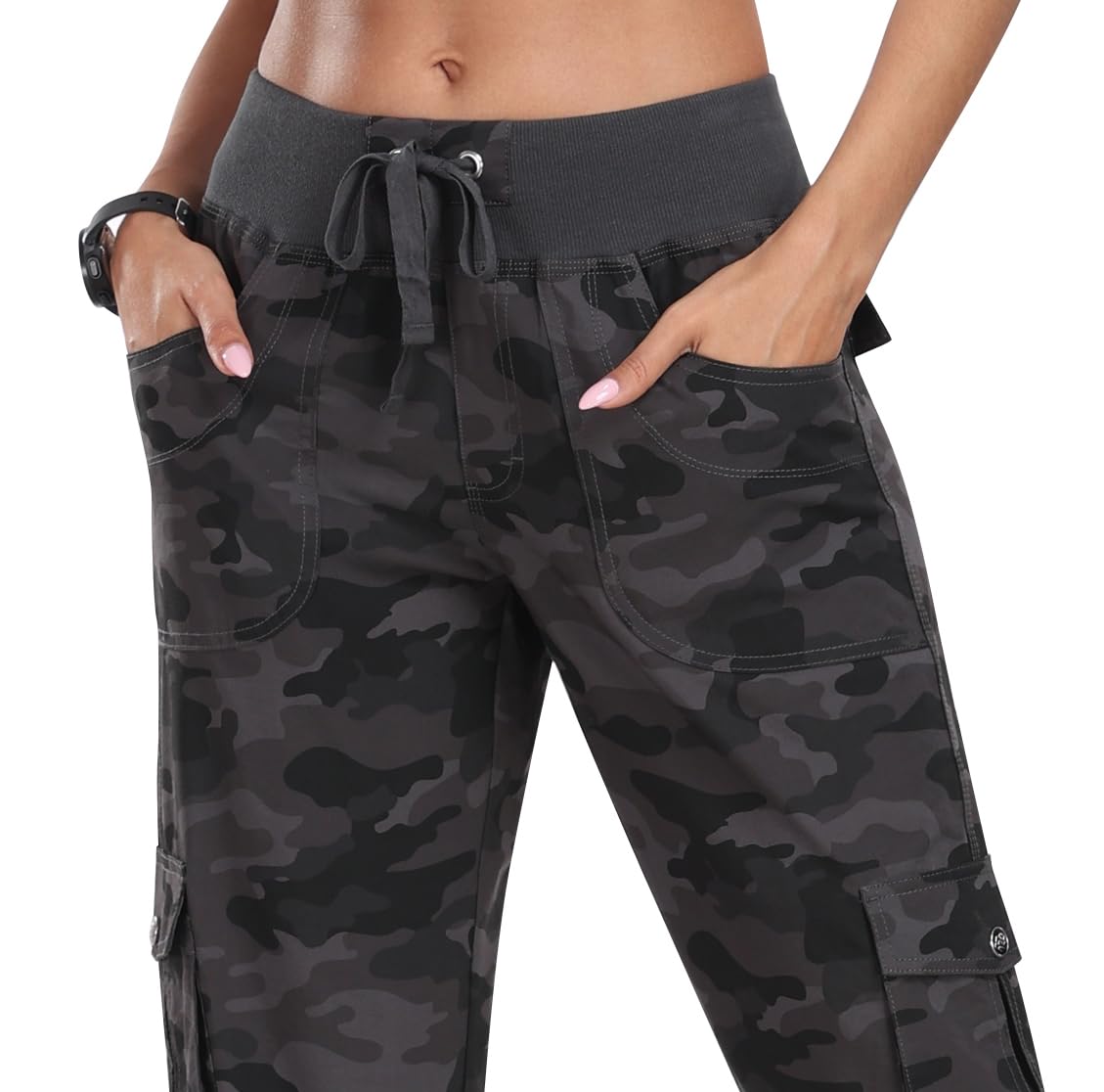 MoFiz Womens Capris with Pockets Loose Fit Casual Capri Pants Dressy Lightweight Ladies Baggy Cargo Pants for Hiking Camo Gray M