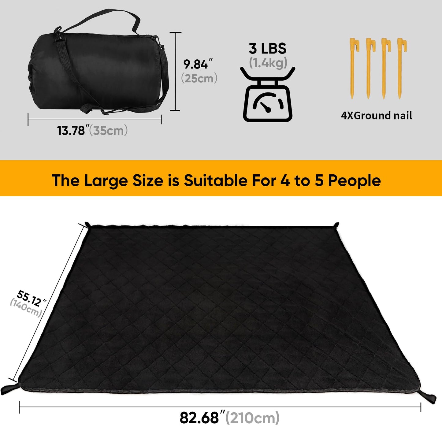 Northroad Waterproof Camping Blanket with Sherpa Lining, Large Windproof Outdoor Blanket for Cold Weather, Light Weight and Warm for Picnic, Stadium, Dog, Concert, 55"x82" (Black, 1PCS)