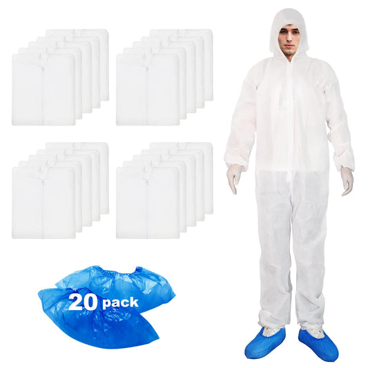 ETERNA Hazmat Suits- 20 Pack Disposable Protective Coveralls with Hood, Zipper, Elastic Wrists, Shoe Covers for Men & Women, Shield from Dirt, Dust, Paint (White, Large)