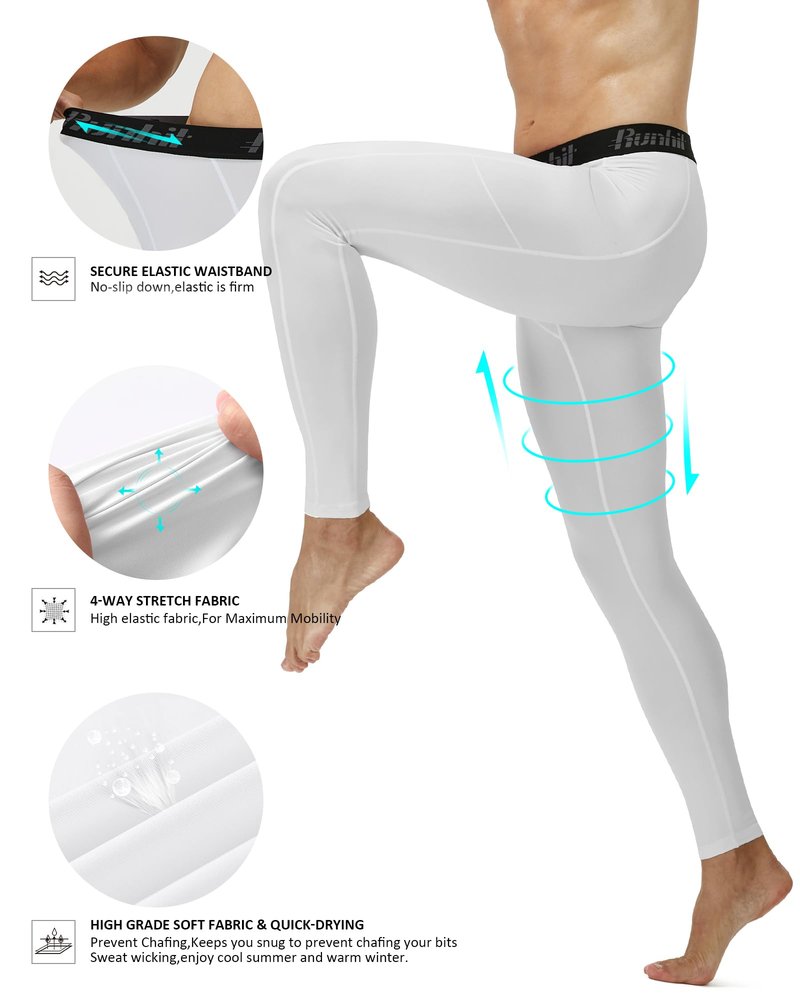 Runhit Mens Compression Pants Running Tights with Pockets Sports Leggings Spandex Workout Cycling Athletic Thermal (White,Medium)