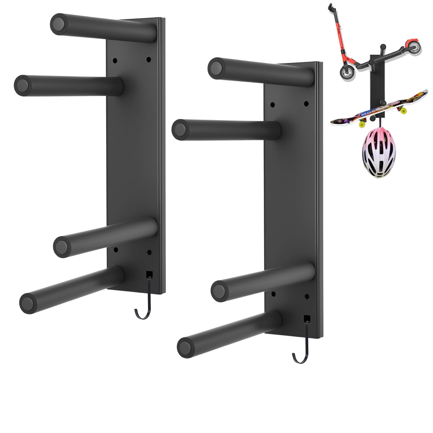 HAVXJAN Scooter Wall Mount, Metal Organizer Black Holder for Scooter Vertical Space Saver Scooter Rack, Scooter Stand for Garage, Living Room, Sports Shop (2 Tiers-2 Packs)