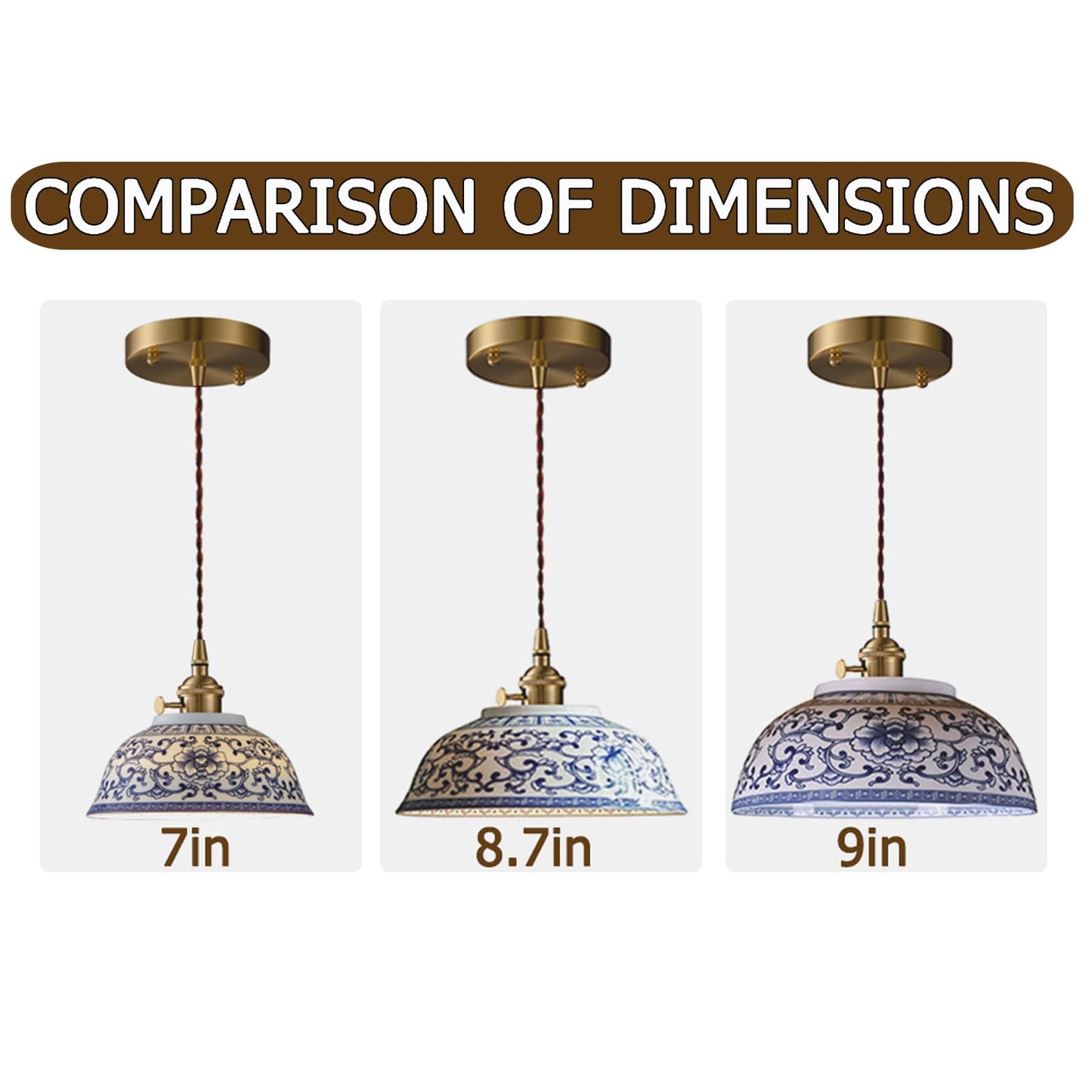 7in Ceramic Pendant Light, Chinese Blue and White Porcelain Pendant Light fixtures, Bedside Light, Hanging lamp for Kitchen Island Light Fixture, Home Bedroom Dining Room Ceiling Hanging Light small