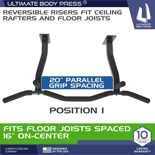 Ceiling Mount Pull Up Bar with Reversible Risers for 16 and 24 Inch Joists with Optimum Grip Spacing by Ultimate Body Press