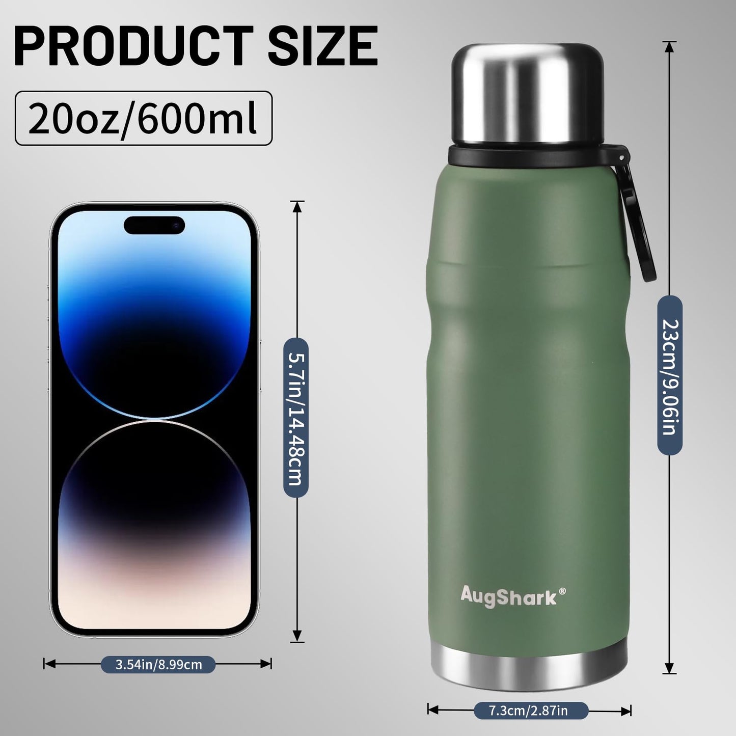 Augshark 20oz Stainless Steel Insulated Water Bottle Travel Coffee Cup with Lid Leak Proof Metal Water Bottle for Hot and Cold Drink Water Flask(Green)