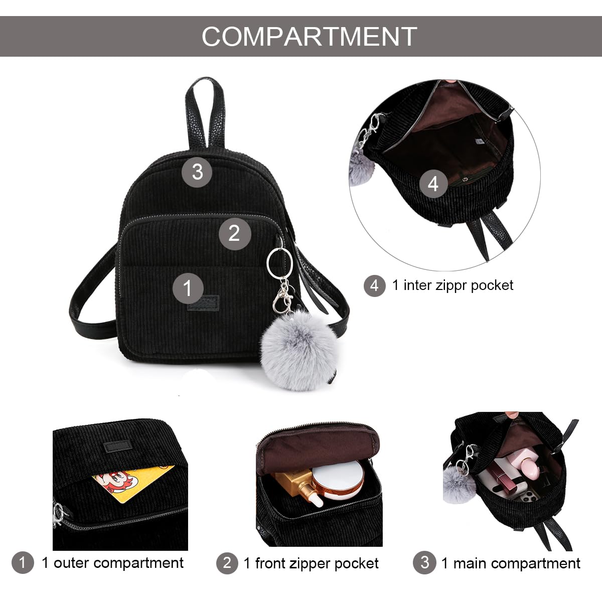 Sunwel Fashion Cute Mini Backpack 3 Way Carry Light-weight Corduroy Casual Daypack Detachable Keyring Fur Pom Pom Ball for Women (black)