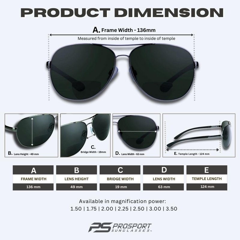 proSPORT Aviator Polarized Bifocal Sunglasses Readers +1.50 Gunmetal Frame Smoke lens Men Women. Fit Medium to Extra Large Head Sizes.