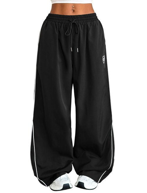 ZAFUL Womens Parachute Pants Y2k Baggy Elasitc Waist Track Pants Contrast Pipping Sweatpant Trousers(1-Black, M)