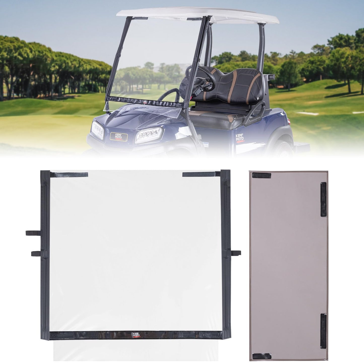 KEMIMOTO Foldable Golf Cart Windshield Compatible with Club Car DS, Tempo, Precedent - Portable, Lightweight, Roll-Up Design with Extra Tinted Half Windshield Included
