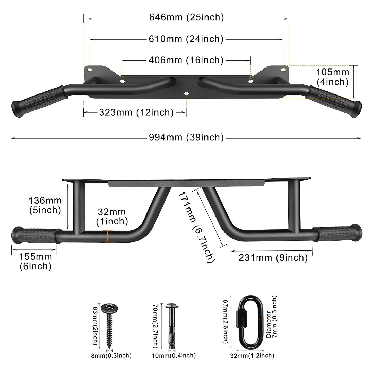Kipika Heavy Duty Wall Mounted Doorway Pull Up Bar, Multifunctional Chin Up Bar, Portable Fitness Door Bar, Body Workout Home Gym System (A: 39" Wall Mount Pull Up Bar)