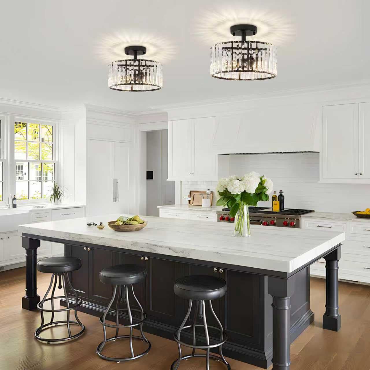 TOULMJ Crystal Ceiling Light, 3-Light Semi Flush Mount Ceiling Lighting Fixture, Black Round Hallway Light Fixtures for Kitchen Entryway Bedroom Laundry Room