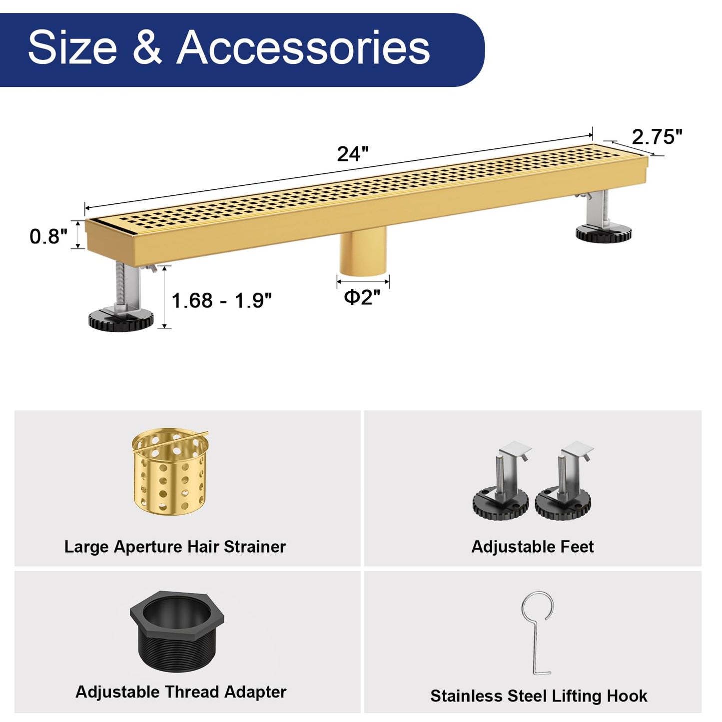 Linear Shower Drain | 24 Inch AISI 304 Stainless Steel Shower Drain, Brushed Gold Linear Drain with Removable Quadrato Grate Cover & Adjustable Feet, Rectangle Floor Drain, in Bathroom Balcony etc