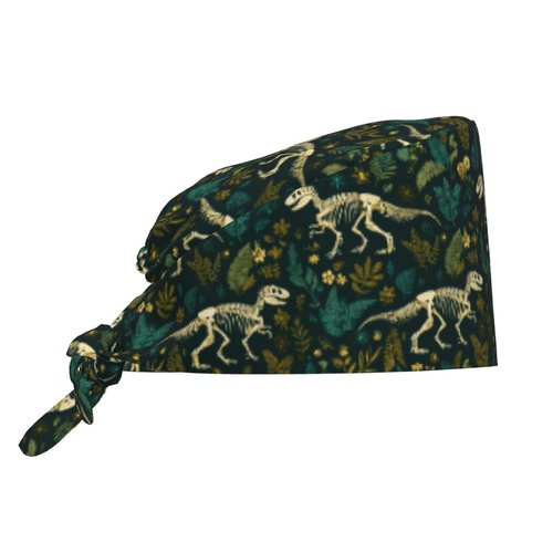 Dinosaur Skeletons Working Cap, Scrub Cap with Sweatband, Adjustable Tie Back Hat Breathable Headgear for Women/Men
