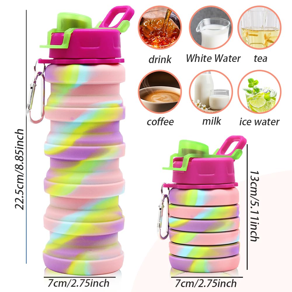 WATMHHJQ Silicone Collapsible Water Bottles, 16oz 500ml Portable Foldable Expandable Water Bottle Sports Cups, Leak Proof Reusable BPA Free, for Outdoor Activities Travel(Pink-B)