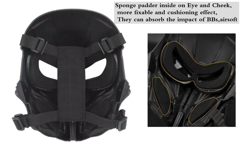 Tactical Skull Full Face Cosplay Mask with Lens Goggles Eye Protection, Men's Airsoft Mask Face Shield for Playing Airsoft/Paintball Halloween Games Cosplay (Black)