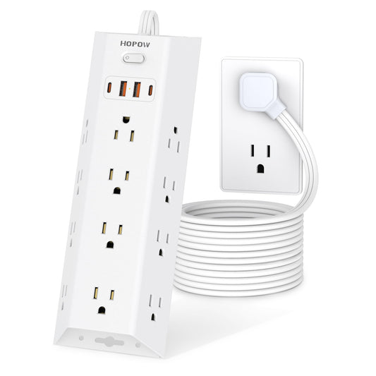 HOPOW Surge Protector Power Strip, 5FT Extension Cord with 12 AC Outlets & 4 USB Ports (2 USB C), Wall Mount, Flat Plug Charging Station, 1700 Joules Surge Protector for Home Office, White