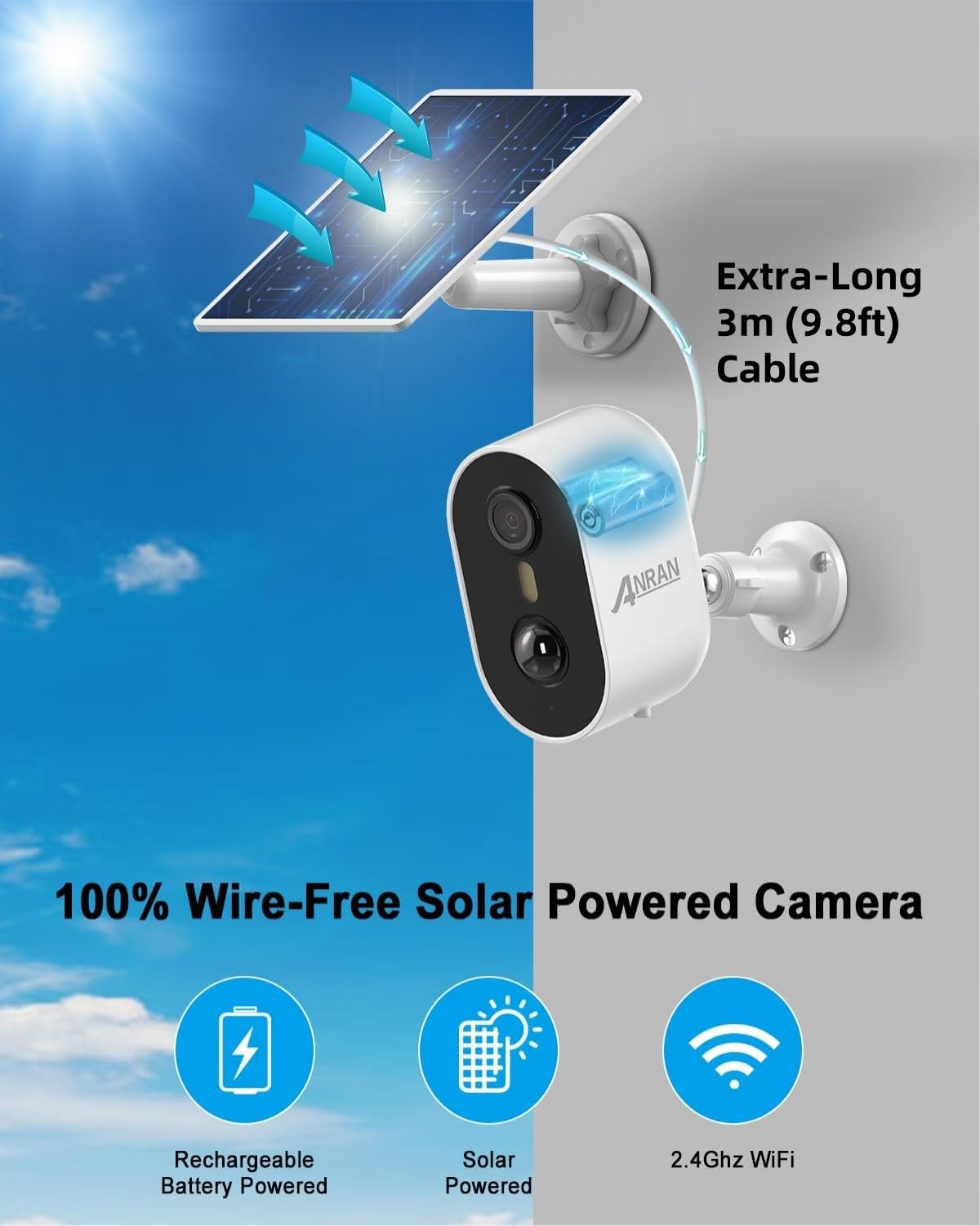 ANRAN Solar Security Cameras Wireless Outdoor for Home Security, 3MP 2K Color Night Vision WiFi Surveillance Home Camera with Solar Panel, Spotlight, PIR Detection, 2-Way Talk, 2 Packs