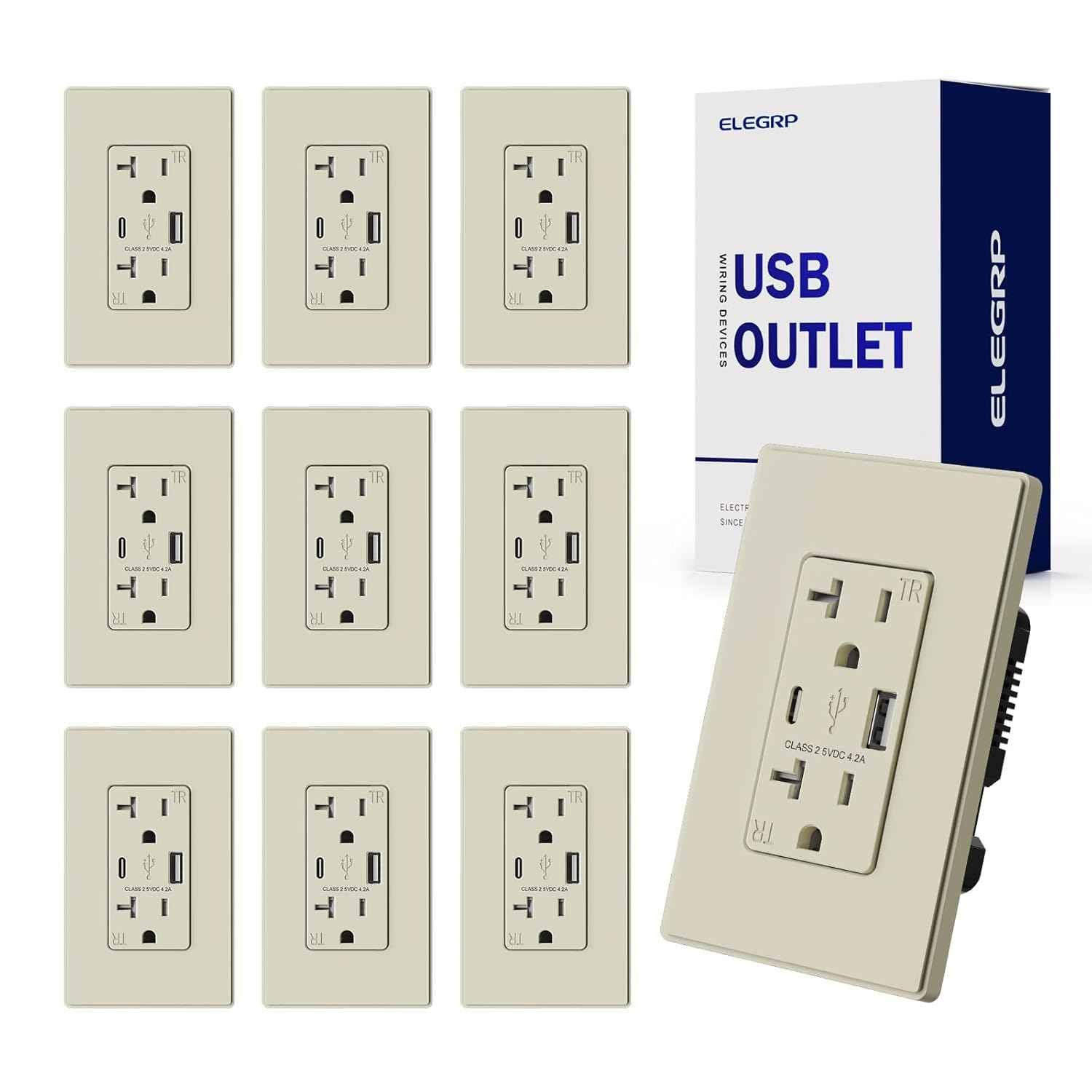 USB Wall Charger Outlet with A & C Ports - 15A Tamper Resistant, UL Listed, 6 Pack, Light Almond