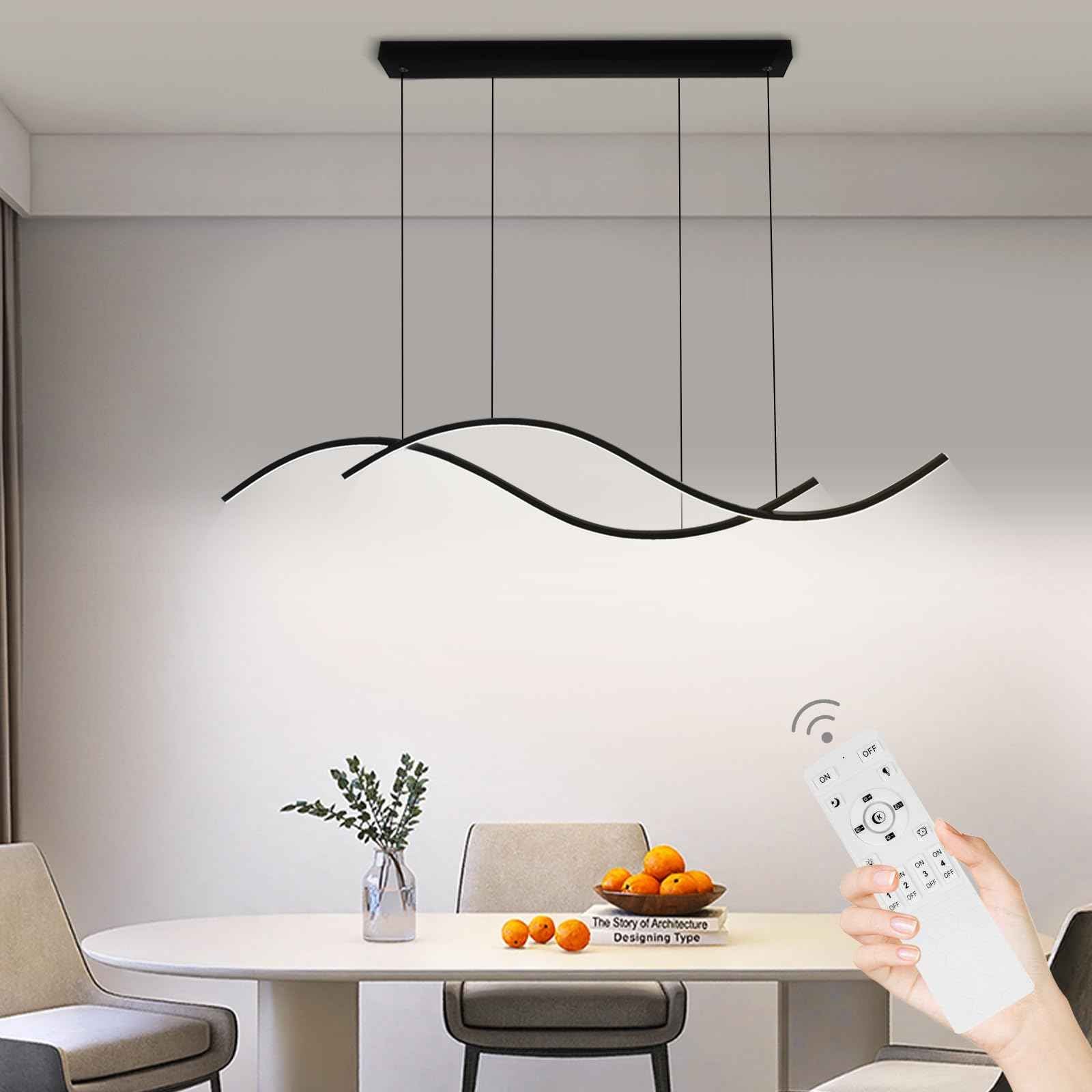 Modern Led Pendant Light, Dimmable Black Led Chandelier for Dining Room Light Fixture Over Table Creative Wave Pendant Light for Kitchen Island, Dining Room, Bedroom