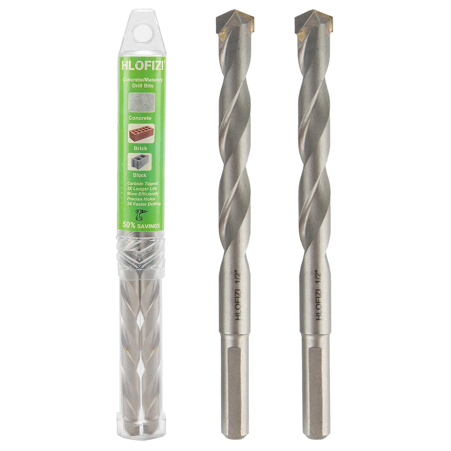 HLOFIZI 1/2" x 6" Masonry Drill Bits 1/2 inch Concrete Hammer Drill Bits Carbide Tipped, for Cement, Brick, Stone, 2 Pack