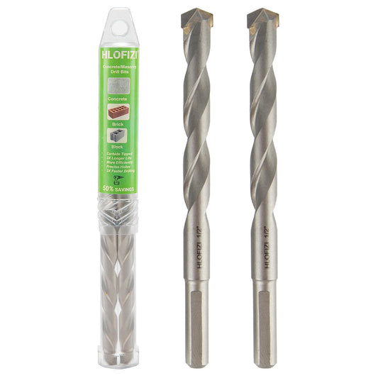 HLOFIZI 1/2" x 6" Masonry Drill Bits 1/2 inch Concrete Hammer Drill Bits Carbide Tipped, for Cement, Brick, Stone, 2 Pack