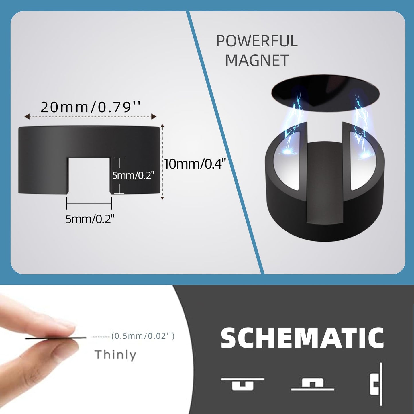 Viaky 8-Pack Magnetic Cable Holder Black, Self Adhesive Silicone Magnet Cable Straps, Strong Cord Holder for Phone Charge, Wire Management for Nightstand, Wall, Office, Home, Car, Desk