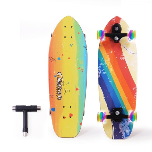 Nattork Complete Skateboards 29" x 9" Kids Girls Skateboard Cruiser Skateboards for Beginners Double Kick Deck Concave Boys Skateboard with Maple Wood (Rainbow)