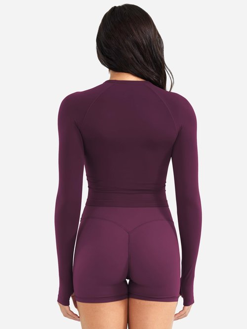 YEOREO Women Workout Gym Tops Basic Long Sleeve Shirt Slim Fitted Casual Stretchy Thin Active Running Yoga Crop Top Black Cherry S