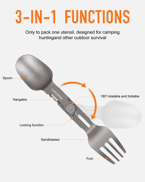 Titanium Spork 3 in 1 Folding Camping Fork and Spoon, Ultra Lightweight Camping Utensil with Locking Function, Travel Fork Spoon Combo Eco-Friendly for Outdoor/Backpacking