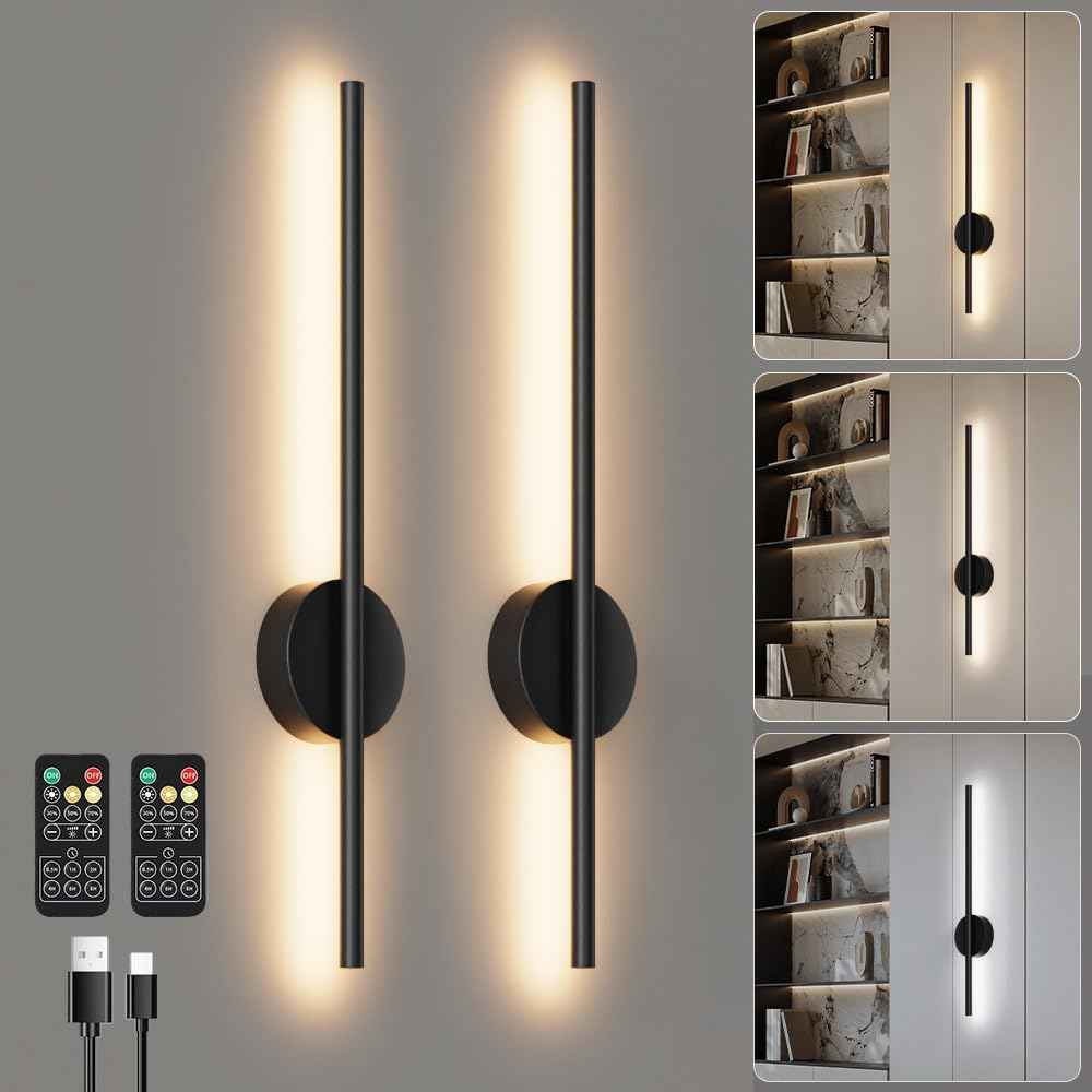 Black Battery Operated Wall Sconces 2 Packs with Remote Control, Dimmable Rechargeable Wall Sconces, 360°Rotate, LED Wireless Stepless Dimming Wall Lights for Living Room, Hallway, Bedroom 23.6 Inch