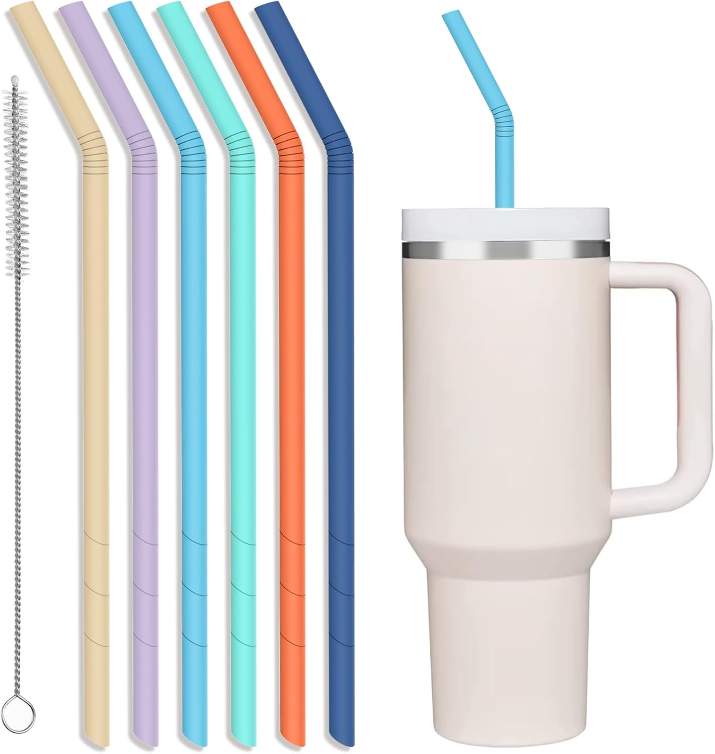 XANGNIER Extra Long Silicone Replacement Straws - 14” Pastel Color for Stanley 40 oz Cup | 6 Pack with Cleaning Brush