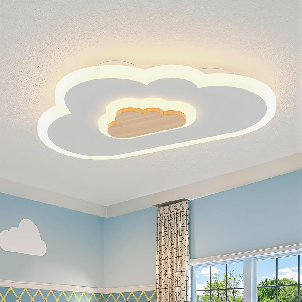 LED Wood Cloud Cartoon Kids Ceiling Light 23.62in - 3000-6500K with Nightlight - Bedroom Nursery Lamps for Girls & Boys