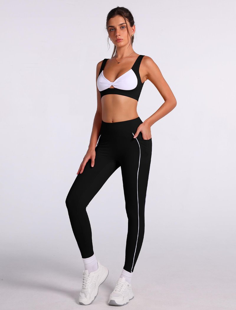 ABOCIW Workout Sets for Women 2 Piece Contrast Trims Twist Front Sports Bra High Waist Leggings with Pockets Gym Sets Activewear Yoga Pilates Outfits Black X-Large