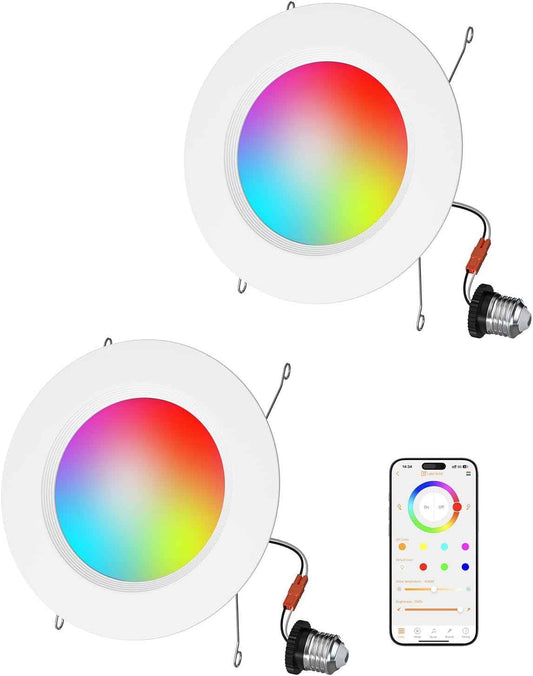 Smart RGB LED Recessed Lighting 6 Inch - Bluetooth Can Lights, 13W Color Changing, Alexa Compatible, 6-Pack for Bedroom, Living Room, Kitchen
