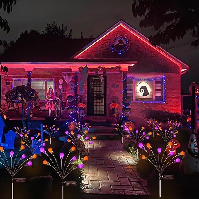 48 LED Solar Halloween Lights - 6 Pack Purple & Orange Waterproof Firefly Lights for Garden & Patio Decor