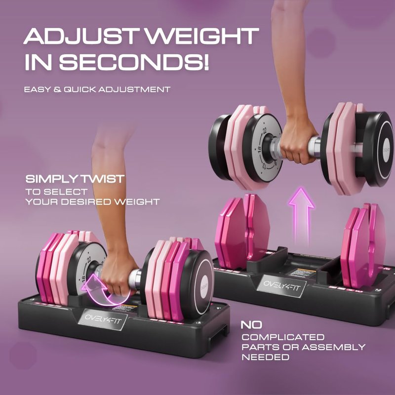 OVELY4YFIT Adjustable Dumbbell, 5-in-1 Weight Options (4.5-22.5LB), Quick 1-Second Weight Adjustment, Anti-Slip Metal Handle, Compact Design with Pink Gradient Plates, Perfect for Women & Home Gym Workouts