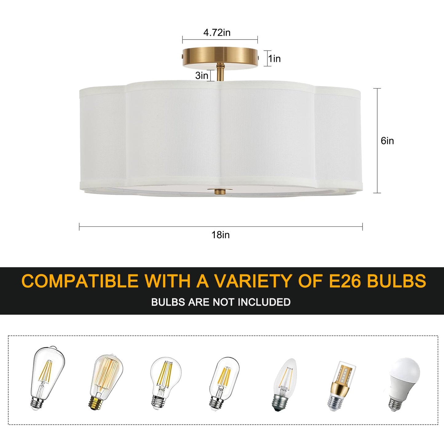 Widluth Modern Semi Flush Mount Ceiling Light 18" Modern Gold Drum Ceiling Lighting Fixture with Linen Shade Vintage Ceiling Lamp for Living Room, Bedroom, Kitchen, Dining Room, Hallway, and Entryway