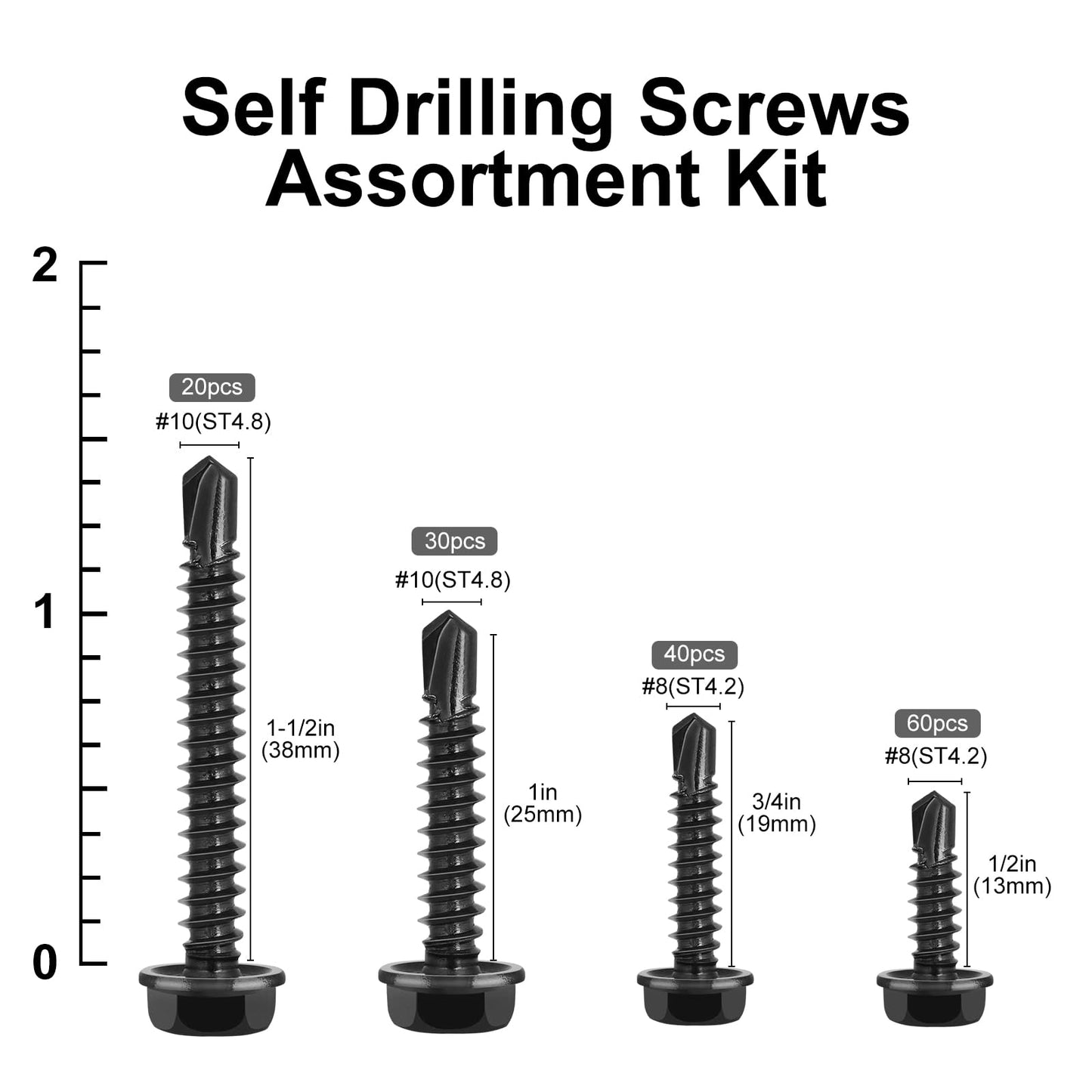 VGBUY 150Pcs Self Drilling Screws Assortment Kit, 410 Stainless Steel Self Tapping Sheet Metal Screws, Black Zinc Plated, #8 1/2" 3/4" #10 1" 1-1/2", Hex Washer Head