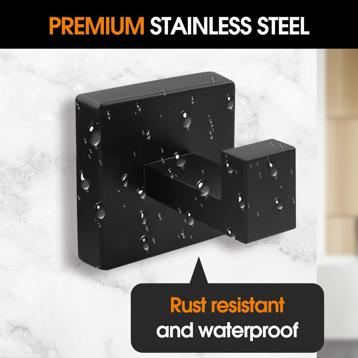 4 Pack Matte Black Towel Hooks - Heavy Duty Stainless Steel Wall Hooks for Bathroom, Kitchen, Bedroom & Closet - Modern Square Design Robe & Towel Holder for Coats, Bags, Hats & More