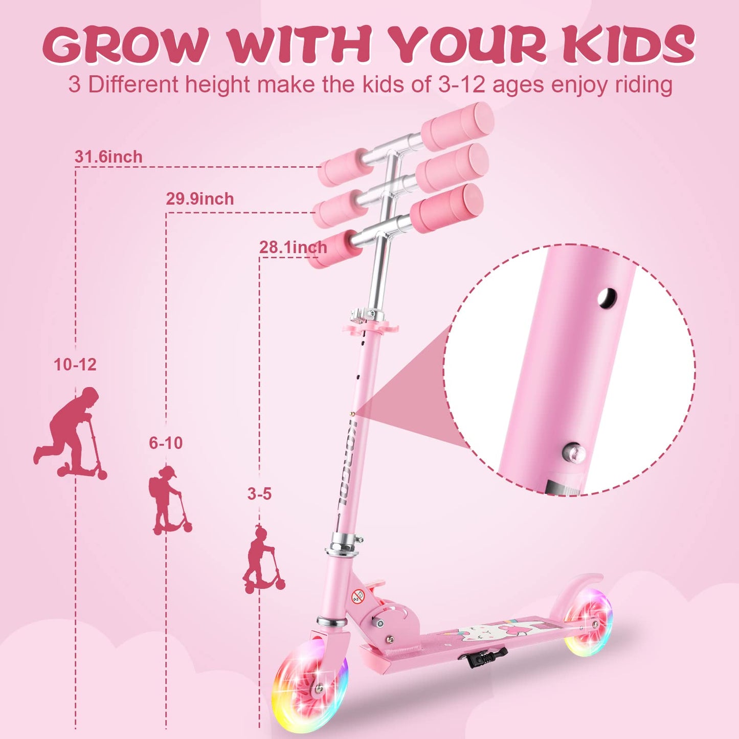 Scooter for Kids Ages 3-10 - Kids Kick Scooters with Led Light Up Wheels & 3 Levels Adjustable Handlebar, Lightweight Foldable 2 Wheel Girly Pink Scooter, Christmas Birthday Gifts for Girls Boys.