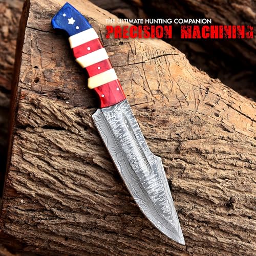 12 Inch Damascus Steel Fixed Blade Hunting Knife with Leather Sheath and American Flag Handle