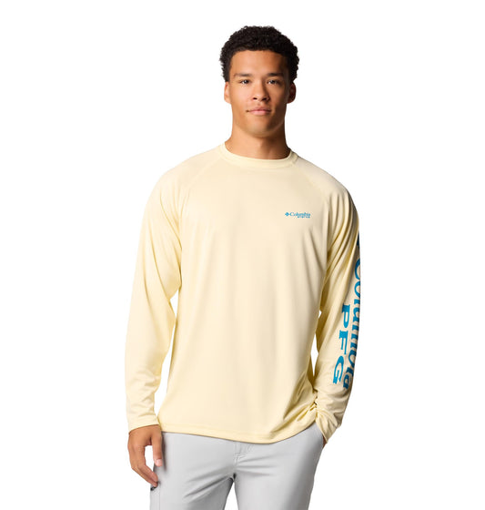 Columbia Men's PFG Terminal Tackle Long Sleeve Fishing Shirt, Lemon Wash/Blue Echo Logo, 4X Tall