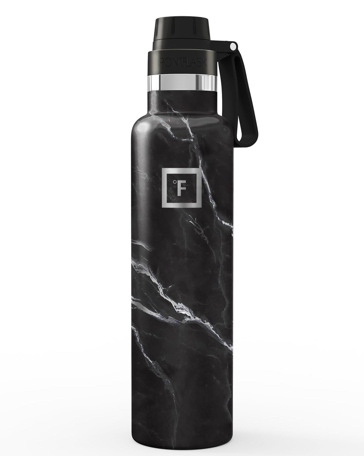 IRON °FLASK Camping & Hiking Hydration Flask with Spout, Narrow Mouth Insulated Stainless Steel Sports Water Bottle - Black Marquina 24 oz - Spout (1 Lid)