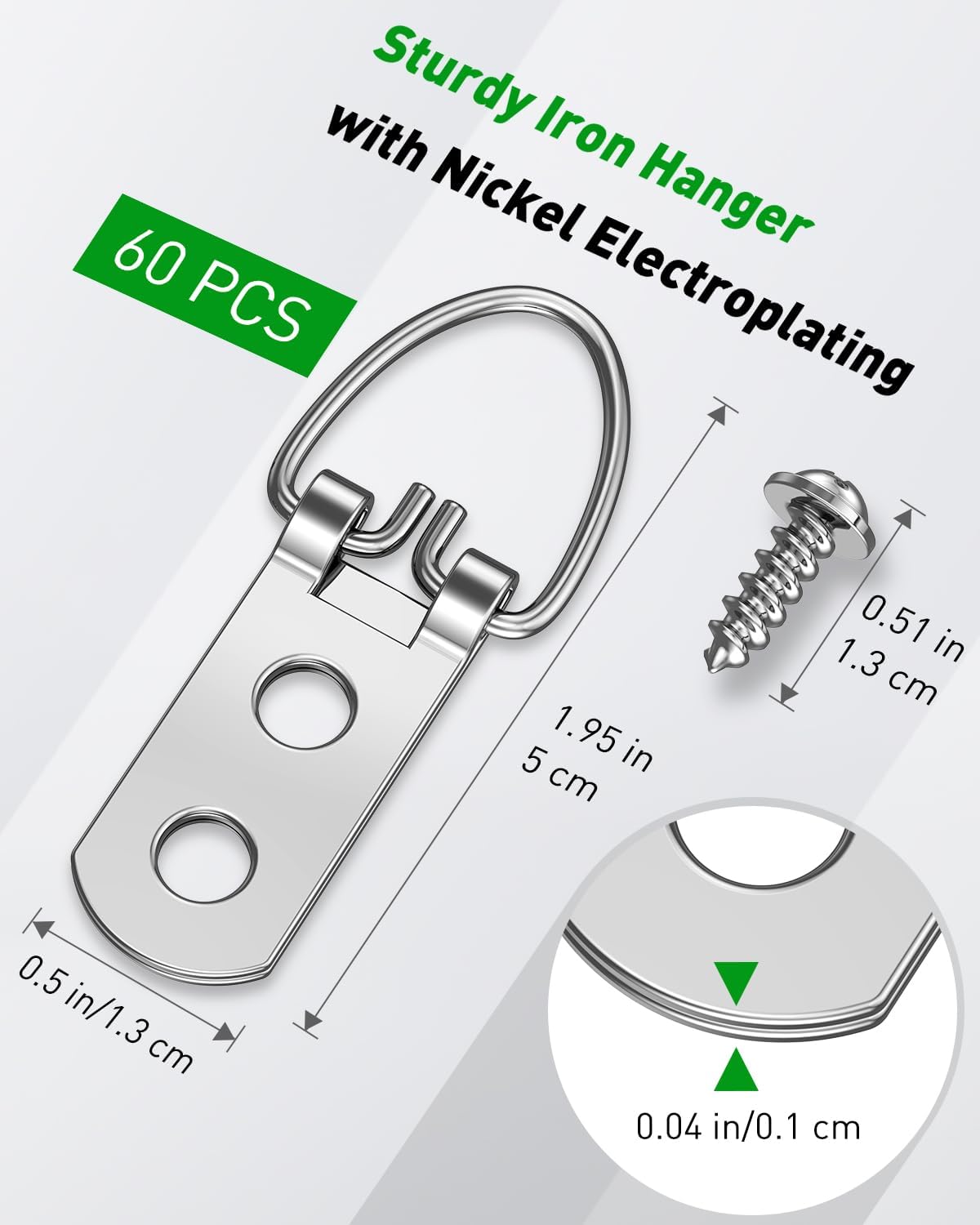 Uniclife 60 Pcs D Ring Picture Hangers with Screws, 40 lb Load Heavy Duty Picture Hanging Hardware, Double Holes Picture Hooks, D Rings for Picture Frame Hanging, D Hooks for Paintings Mirrors Clocks